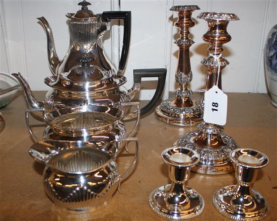 Plated tea & coffee set & 2 pairs of plated candlesticks